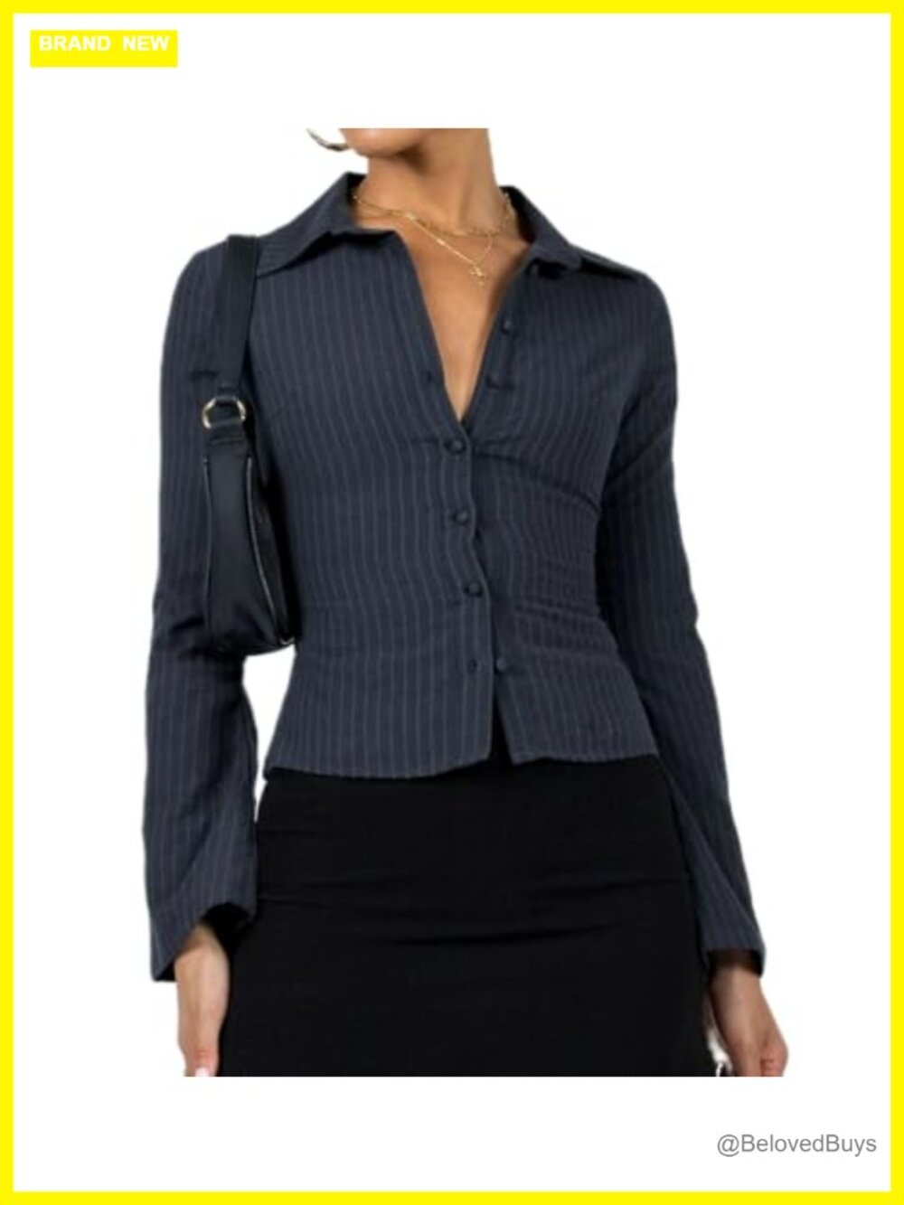 Y2K Fitted Button Down Shirt Striped Long Sleeve V Neck Preppy Blouse
